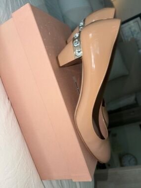 Miu Miu Nude Patent Block Heel Pumps with Crystal Accent Size 38